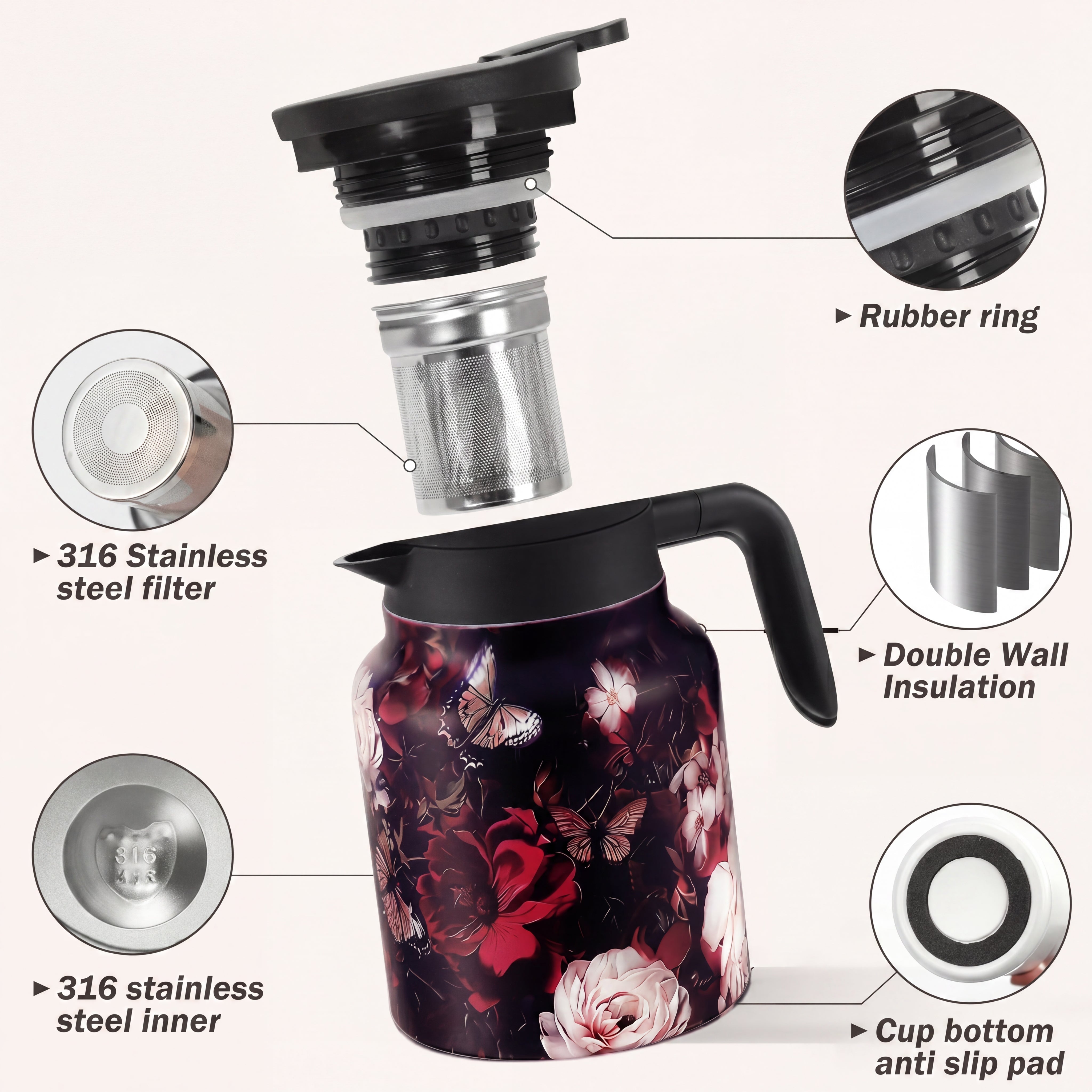 Cook & Fresca Bouteille thermos isotherme motif floral vintage avec infuseur - Modèle 2, 1,5 L - Simple Boutique
