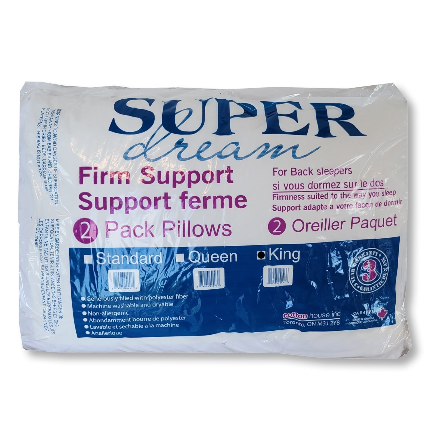 Cotton House - Ensemble de Deux Oreillers, Support Ferme, Hypoallergénique, Grandeur King, Fabriqué au Canada - Simple Boutique