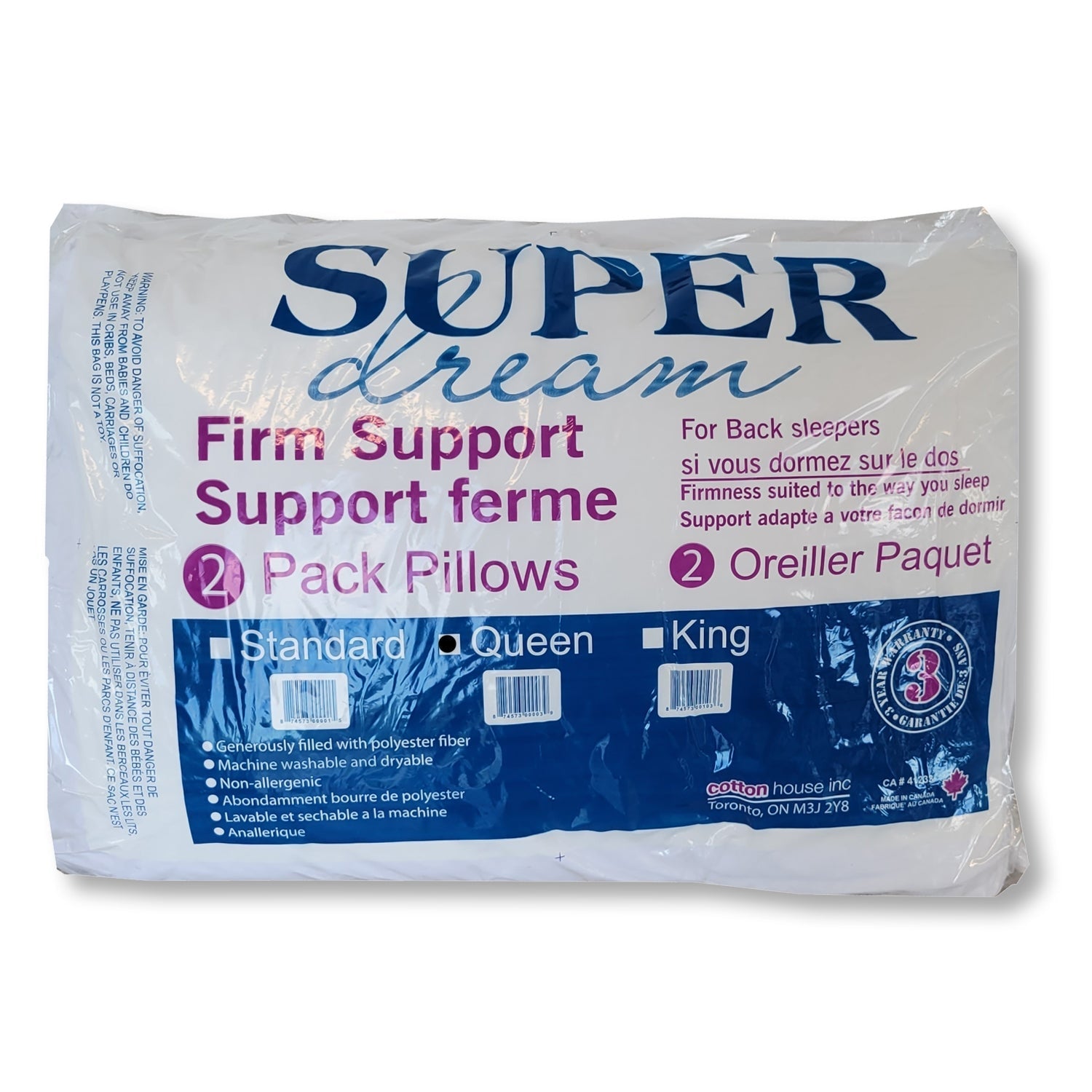 Cotton House - Ensemble de Deux Oreillers, Support Ferme, Hypoallergénique, Grandeur Queen, Fabriqué au Canada - Simple Boutique
