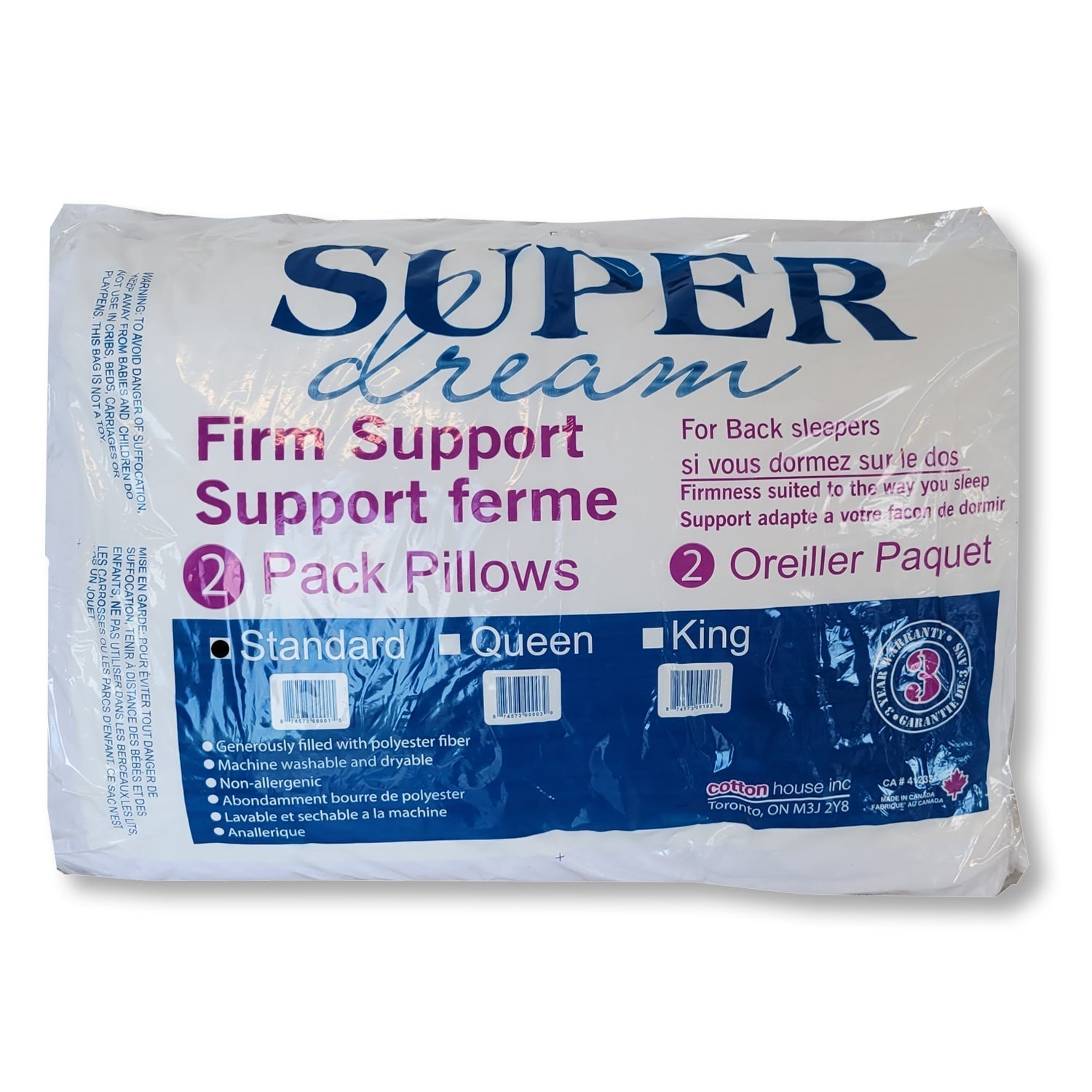 Cotton House - Ensemble de Deux Oreillers, Support Ferme, Hypoallergénique, Grandeur Standard, Fabriqué au Canada - Simple Boutique