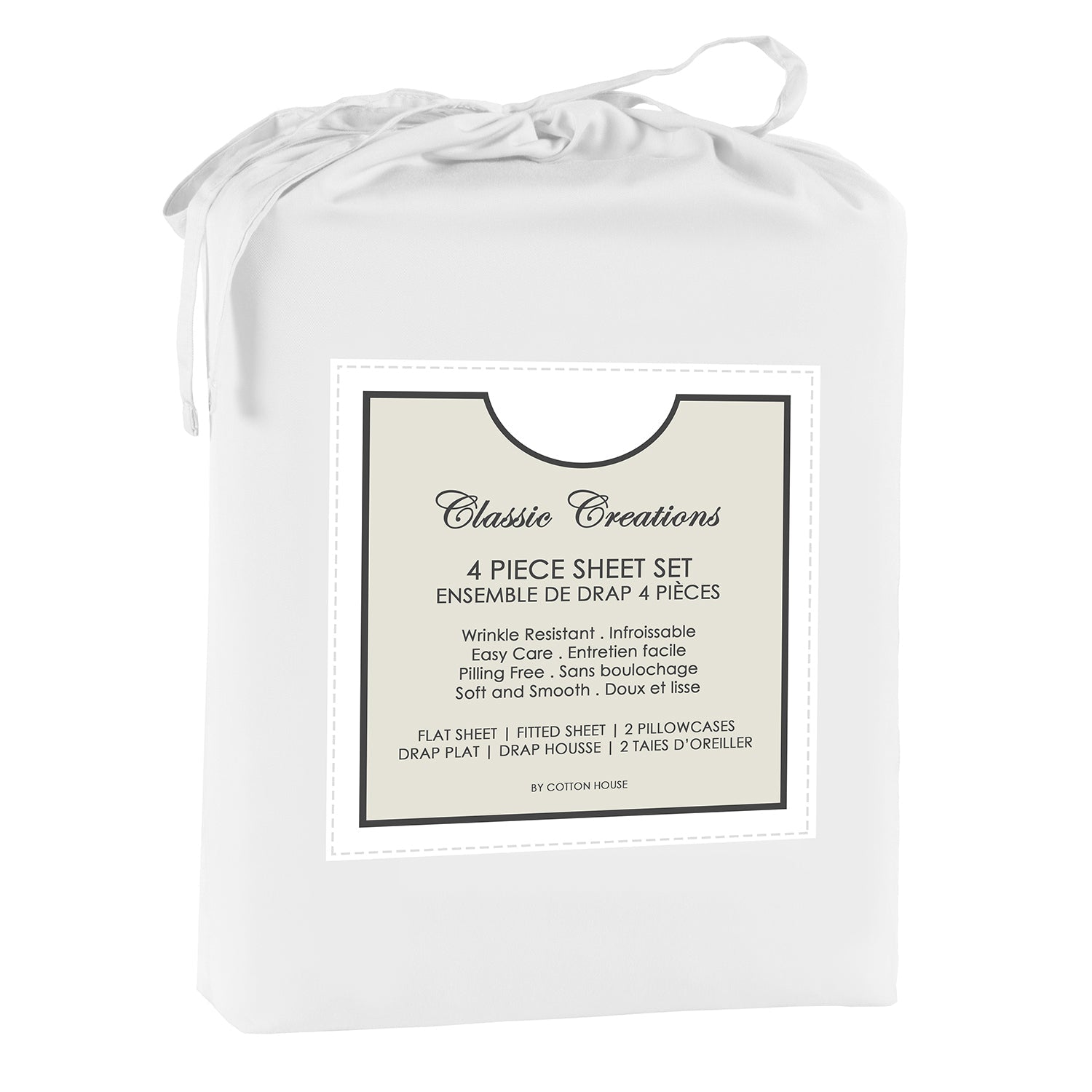 Cotton House - Ensemble de Drap en Microfibre Infroissable, Grandeur Double, Blanc - Simple Boutique