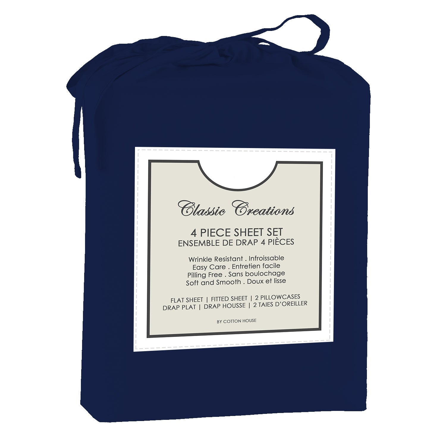 Cotton House - Ensemble de Drap en Microfibre Infroissable, Grandeur Double, Bleu Foncé - Simple Boutique