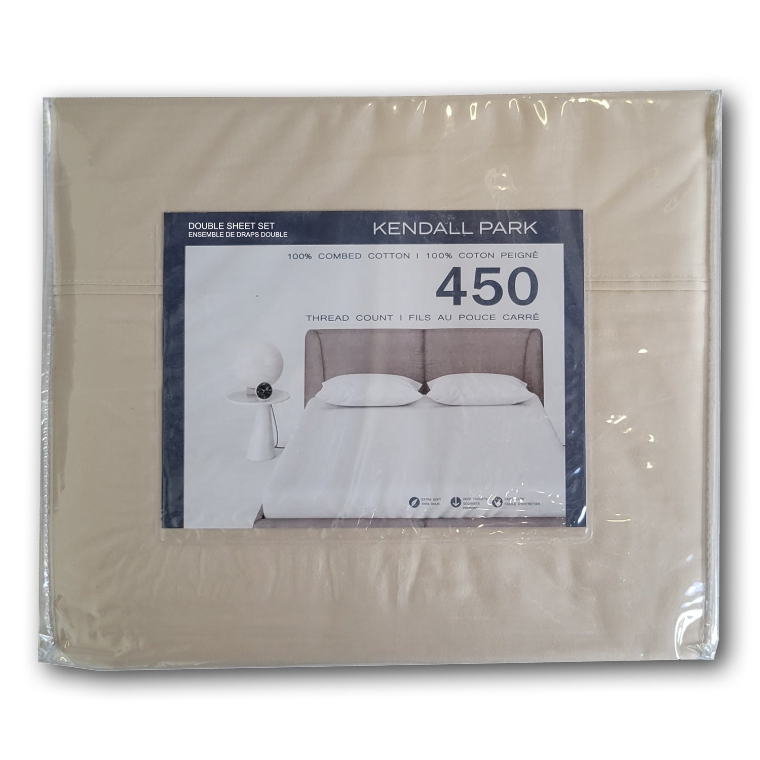 Cotton House - Ensemble de Draps 100% Coton, 450 Fils au Pouce Carré, Grandeur Double, Beige - Simple Boutique