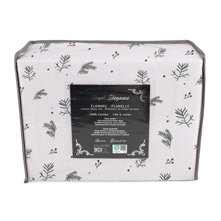 Cotton House - Ensemble de Draps de Flanelle, 100% Coton, Motif Branches de Pin (4 Grandeurs Disponibles) - Liquidation Fin de Saison Vente Finale - Simple Boutique