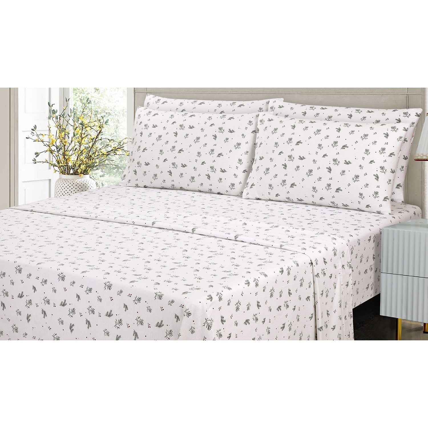 Cotton House - Ensemble de Draps de Flanelle, 100% Coton, Motif Branches de Pin (4 Grandeurs Disponibles) - Liquidation Fin de Saison Vente Finale - Simple Boutique