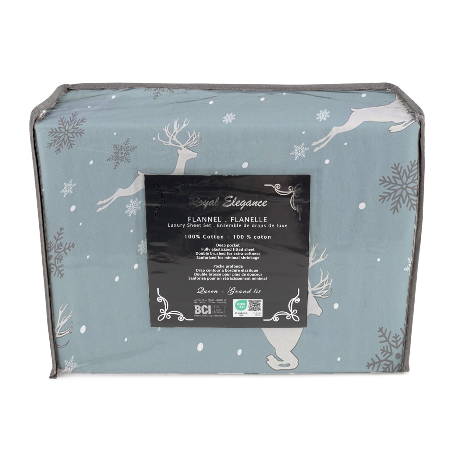 Cotton House - Ensemble de Draps de Flanelle, 100% Coton, Motif Cerfs et Flocons (4 Grandeurs Disponibles) - Liquidation Fin de Saison Vente Finale - Simple Boutique