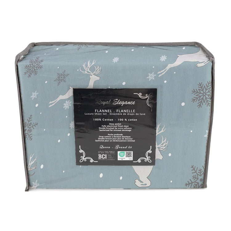 Cotton House - Ensemble de Draps de Flanelle, 100% Coton, Motif Cerfs et Flocons (4 Grandeurs Disponibles) - Liquidation Fin de Saison Vente Finale - Simple Boutique