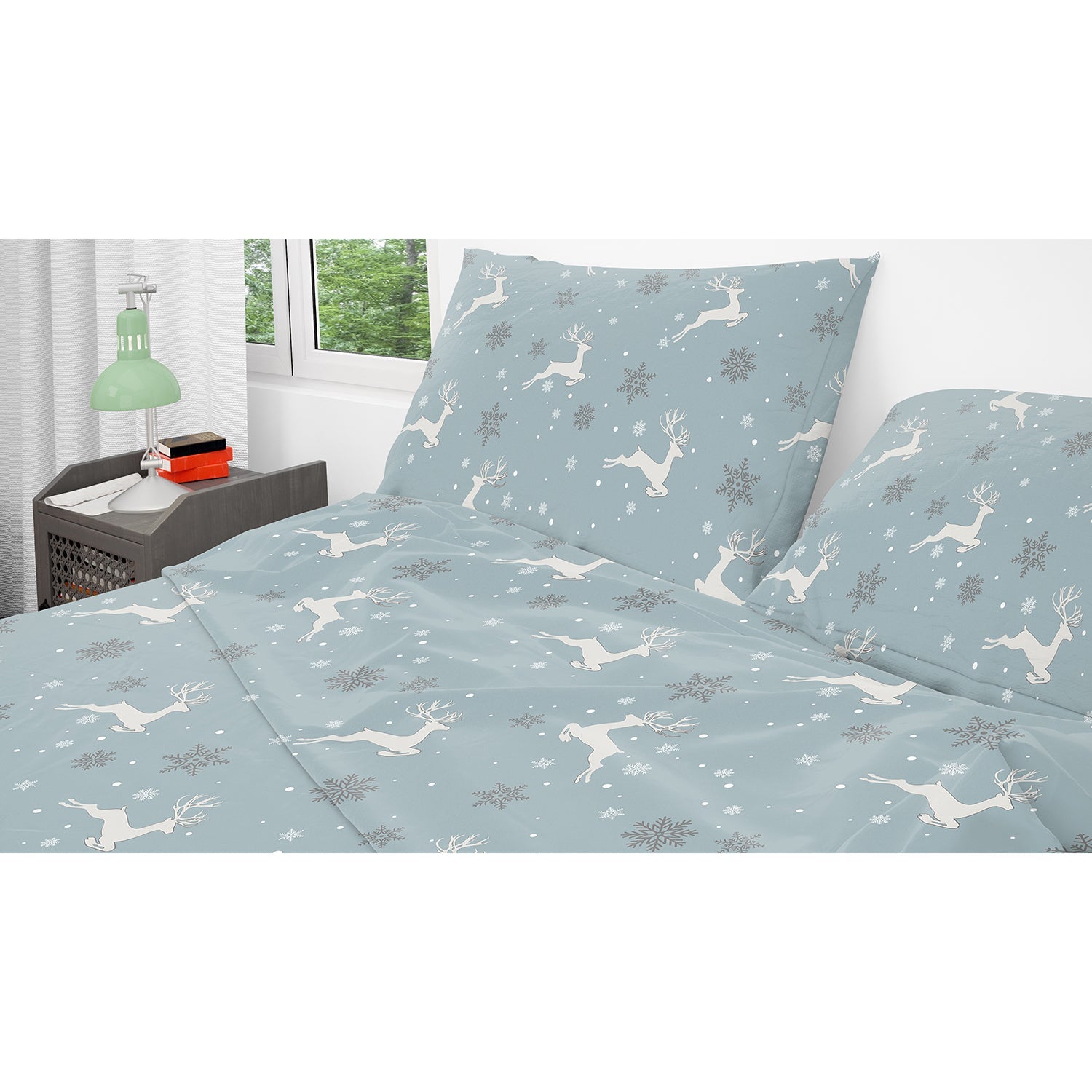 Cotton House - Ensemble de Draps de Flanelle, 100% Coton, Motif Cerfs et Flocons (4 Grandeurs Disponibles) - Liquidation Fin de Saison Vente Finale - Simple Boutique
