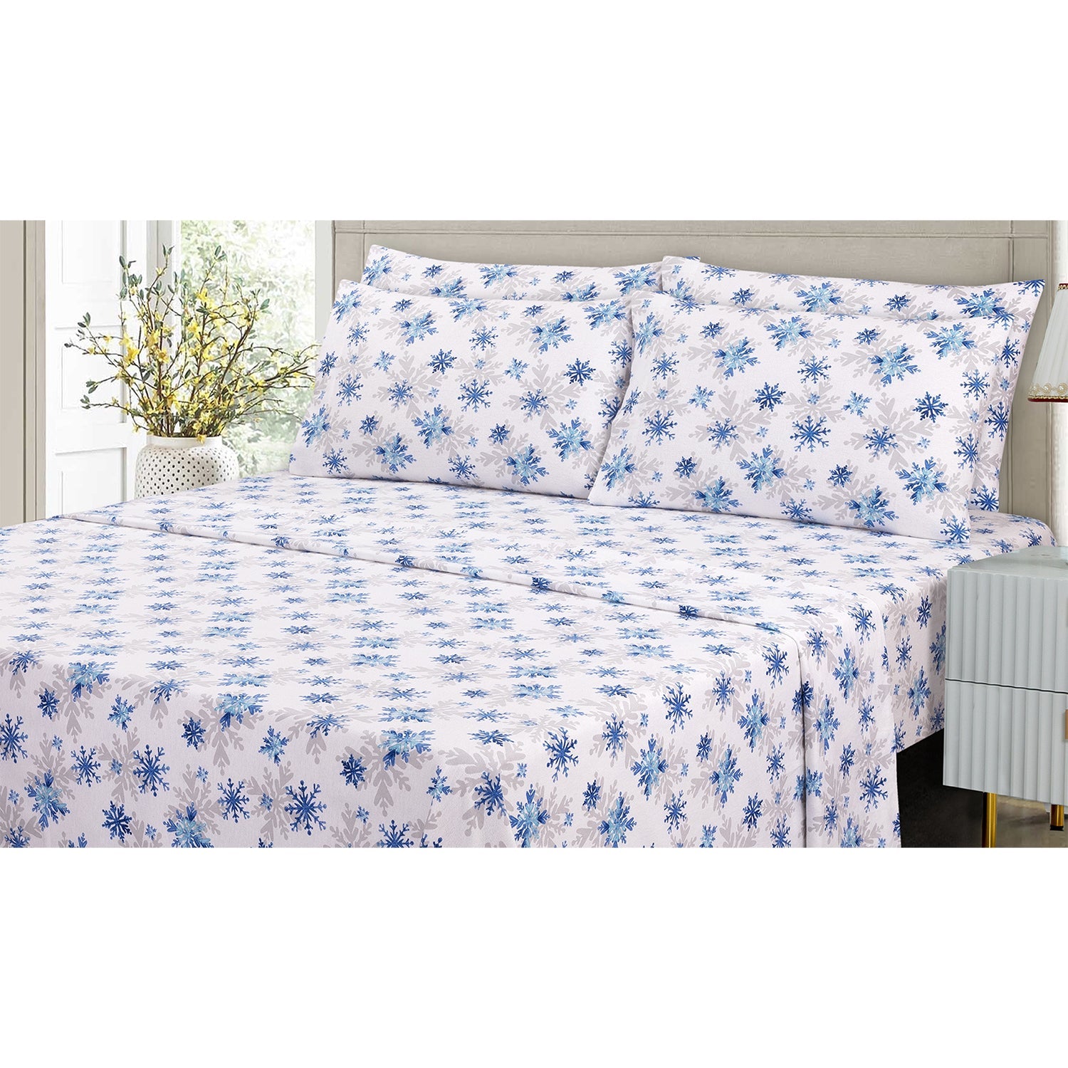 Cotton House - Ensemble de Draps de Flanelle, 100% Coton, Motif Flocons de Neige (4 Grandeurs Disponibles) - Liquidation Fin de Saison Vente Finale - Simple Boutique