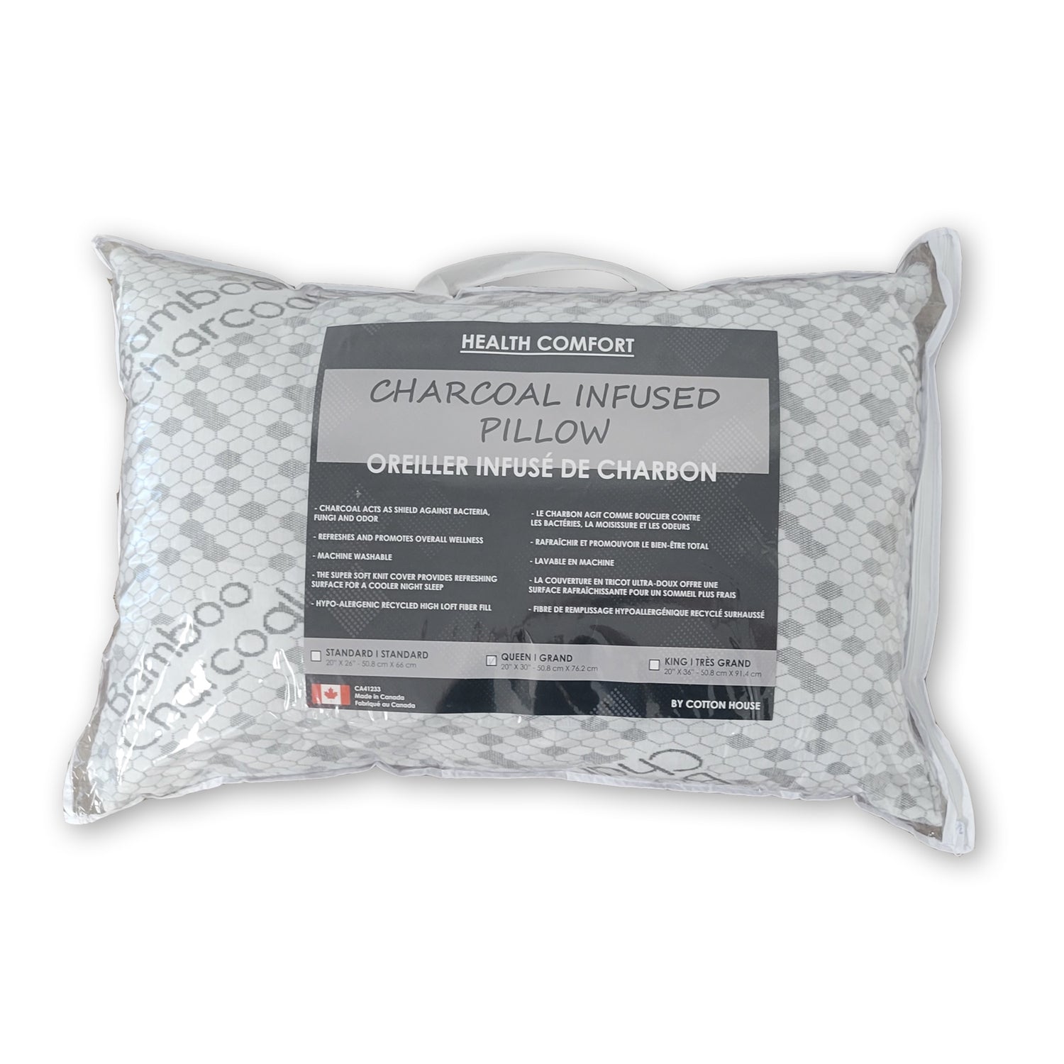 Cotton House - Oreiller Infusé de Charbon, Hypoallergénique, Grandeur Standard, Fabriqué au Canada - Simple Boutique
