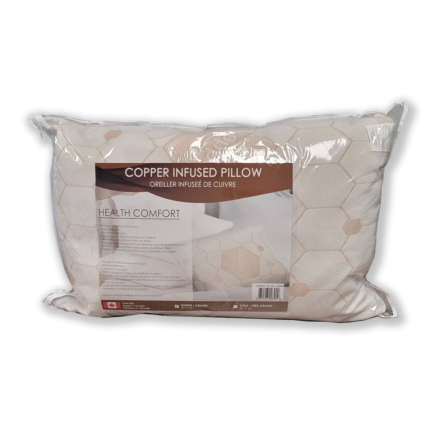 Cotton House - Oreiller Infusé de Cuivre, Hypoallergénique, Grandeur Queen, Fabriqué au Canada - Simple Boutique