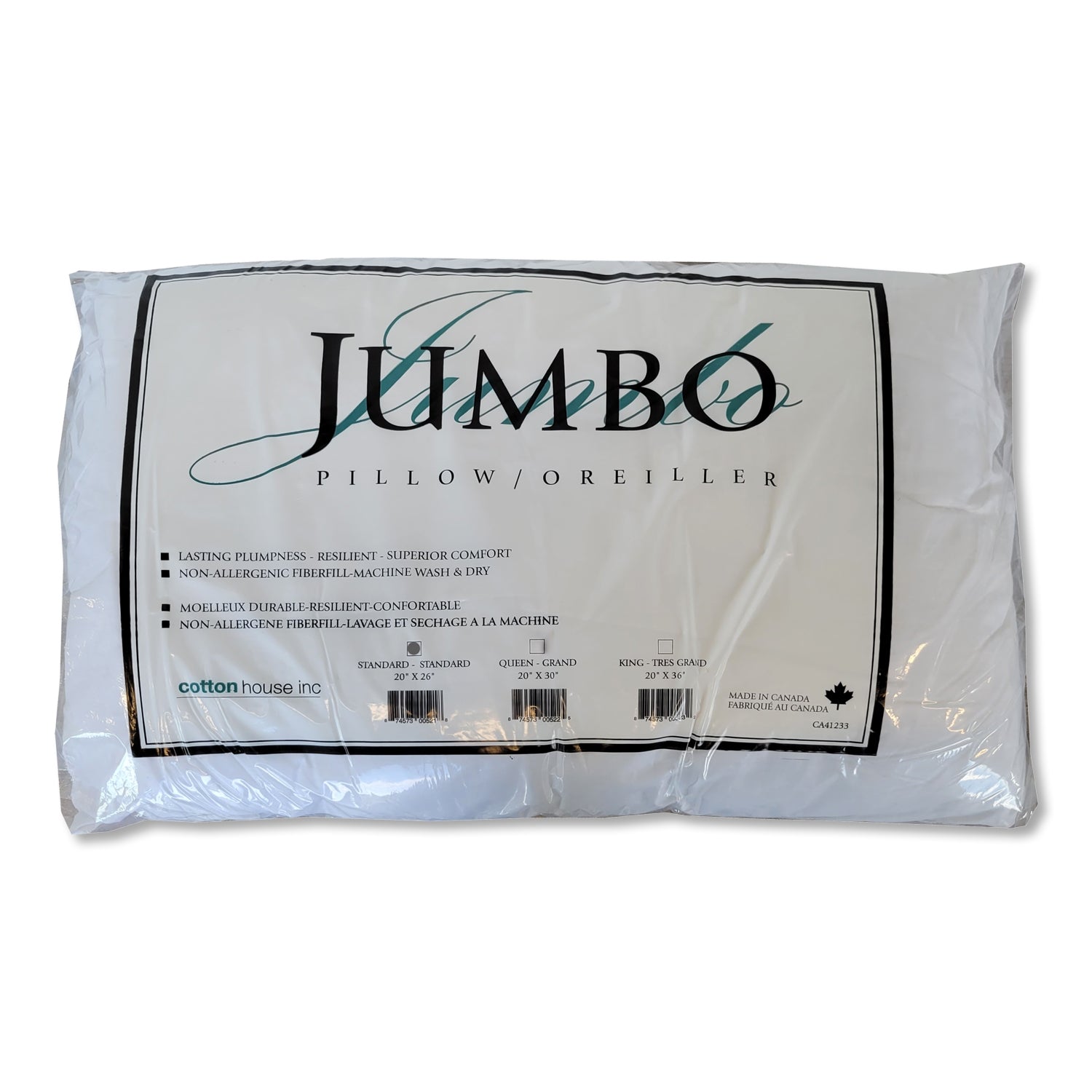 Cotton House - Oreiller Jumbo, Hypoallergénique, Grandeur Standard, Fabriqué au Canada - Simple Boutique