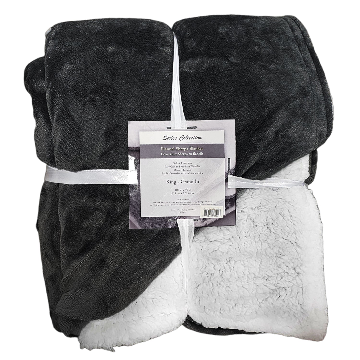 Couverture Sherpa en Flanelle, Douce et Luxueuse, Grandeur Queen/King, Gris Foncé - Simple Boutique