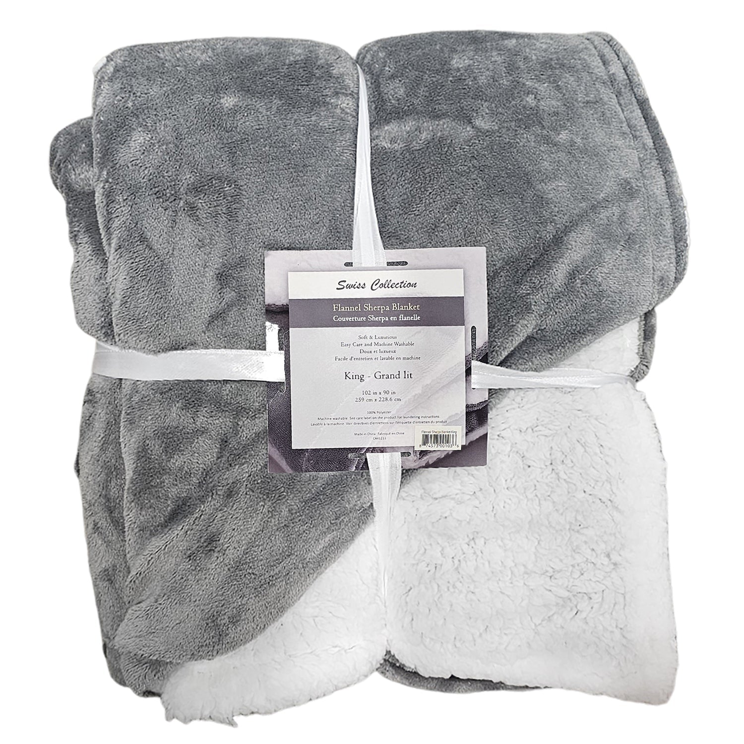 Couverture Sherpa en Flanelle, Douce et Luxueuse, Grandeur Queen/King, Gris Pâle - Simple Boutique