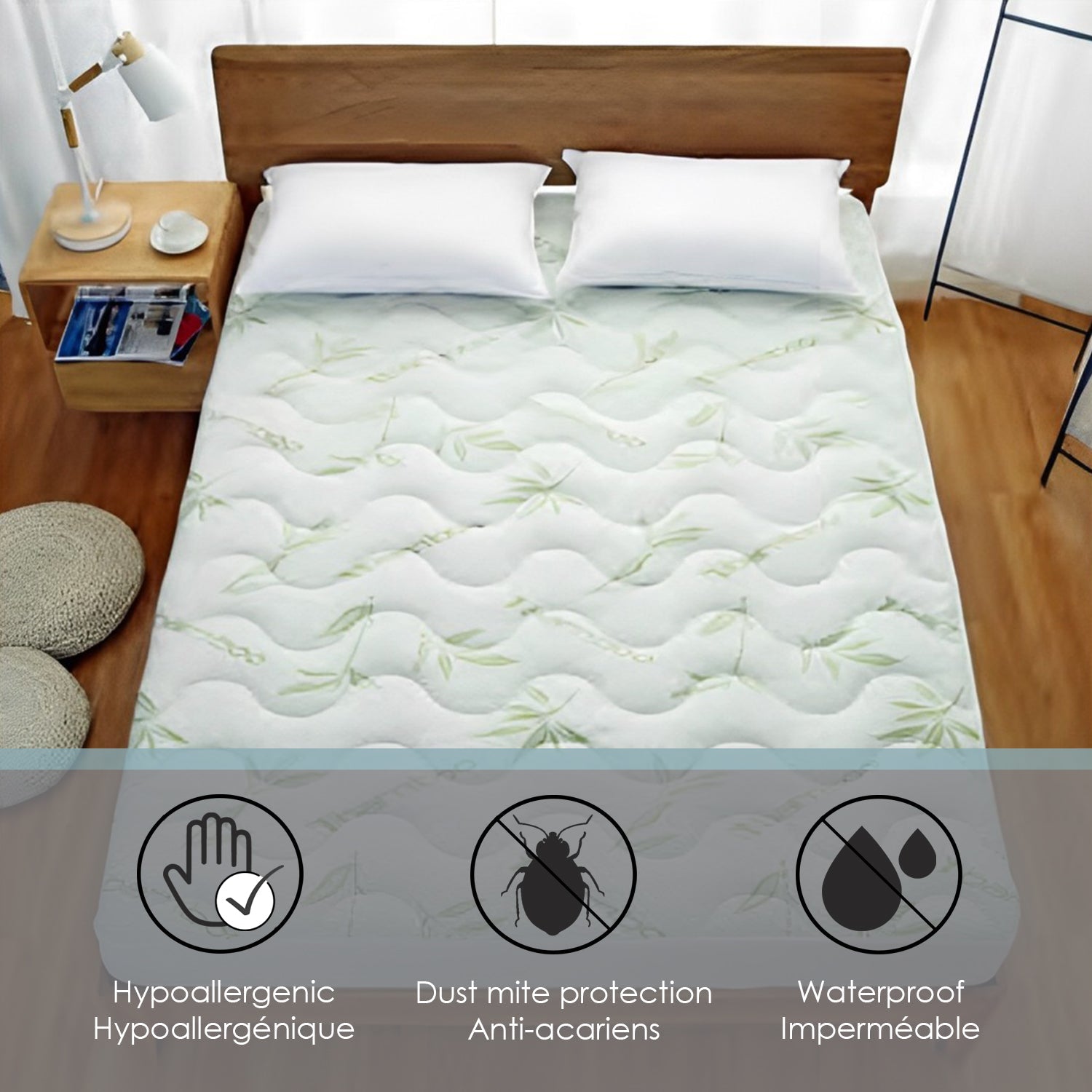 Couvre-Matelas en Bambou de Jacquard, Imperméable, Grandeur Double, Blanc - Simple Boutique