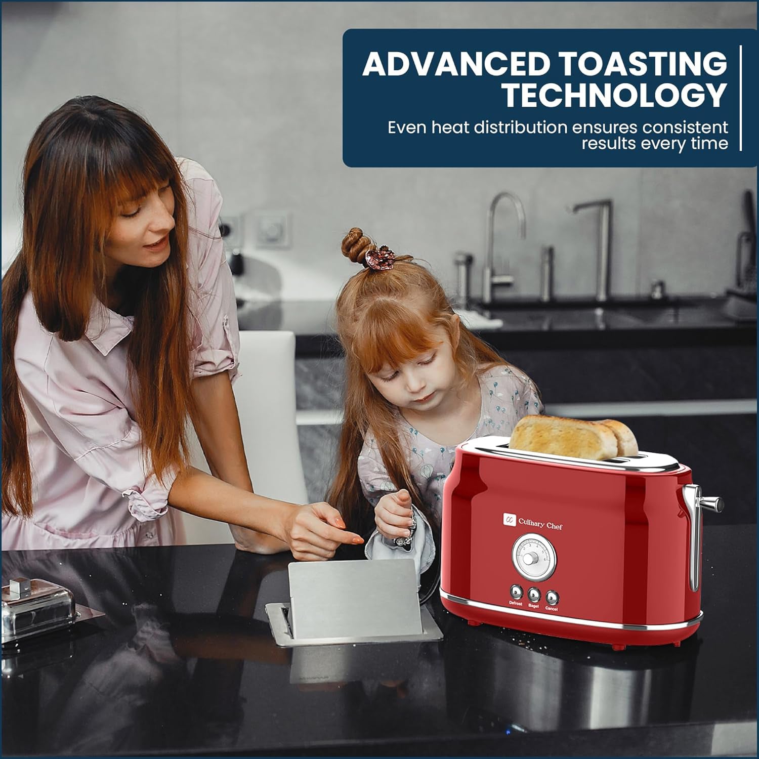 Culinary Chef Grille-Pain Rétro 2 Tranches – Fentes Larges, 5 Niveaux de Brunissage, Bagel, Décongélation et Annulation – 900W – Rouge - Simple Boutique