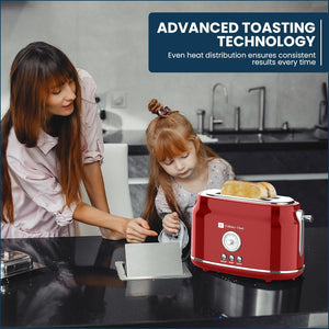 Culinary Chef Grille-Pain Rétro 2 Tranches – Fentes Larges, 5 Niveaux de Brunissage, Bagel, Décongélation et Annulation – 900W – Rouge - Simple Boutique