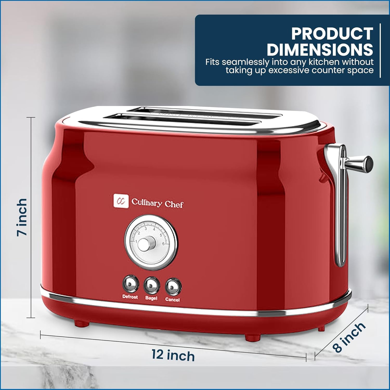 Culinary Chef Grille-Pain Rétro 2 Tranches – Fentes Larges, 5 Niveaux de Brunissage, Bagel, Décongélation et Annulation – 900W – Rouge - Simple Boutique