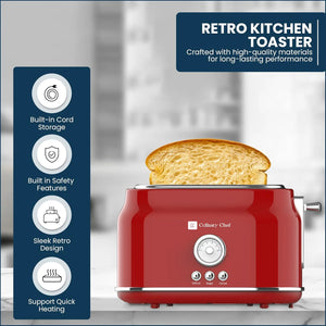 Culinary Chef Grille-Pain Rétro 2 Tranches – Fentes Larges, 5 Niveaux de Brunissage, Bagel, Décongélation et Annulation – 900W – Rouge - Simple Boutique
