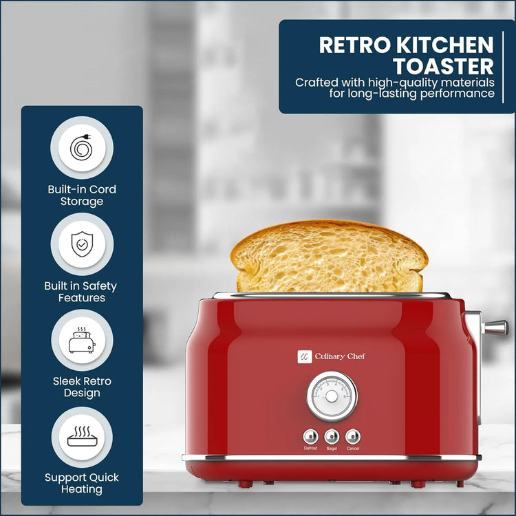 Culinary Chef Grille-Pain Rétro 2 Tranches – Fentes Larges, 5 Niveaux de Brunissage, Bagel, Décongélation et Annulation – 900W – Rouge - Simple Boutique