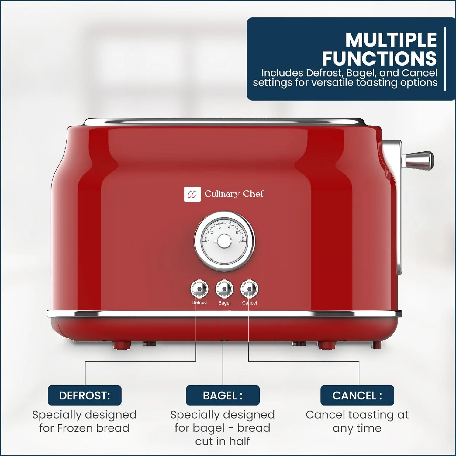 Culinary Chef Grille-Pain Rétro 2 Tranches – Fentes Larges, 5 Niveaux de Brunissage, Bagel, Décongélation et Annulation – 900W – Rouge - Simple Boutique