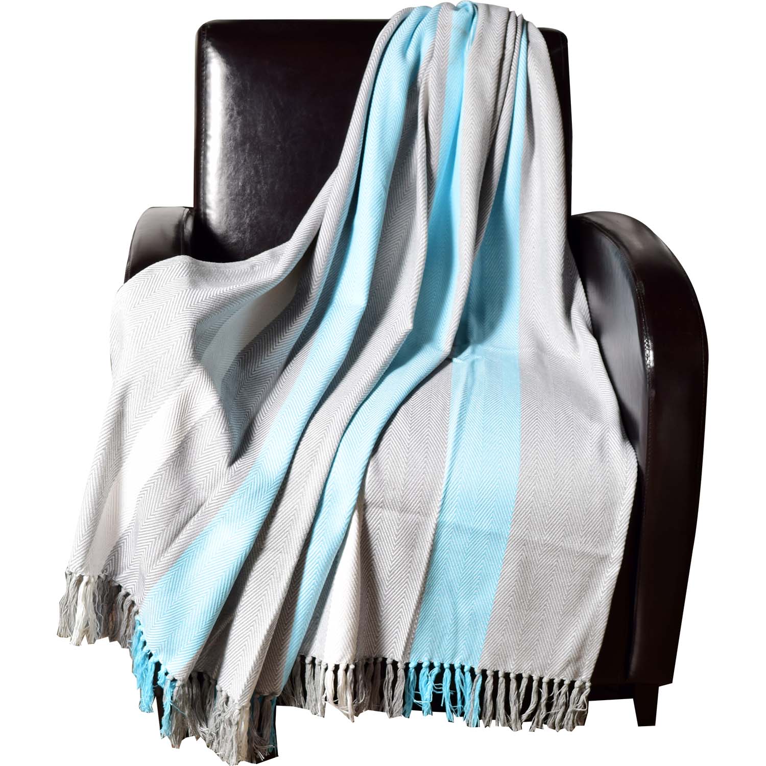 Dlux Jeté Décoratif en Coton à Larges Bandes Chevron 50" x 60", Bleu Océan et Gris - Simple Boutique