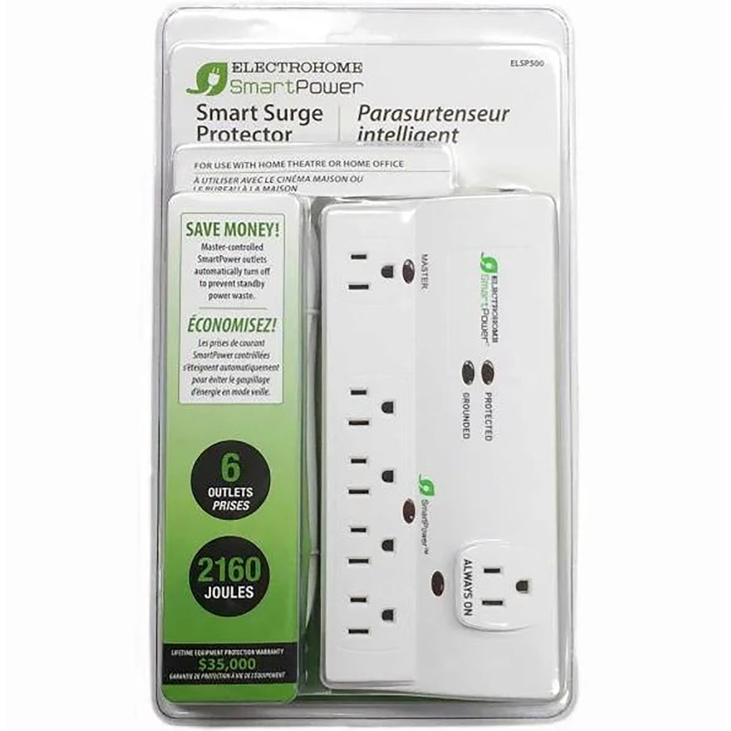 ElectroHome - Parasurtenseur SmartPower, Protection de 2160 Joules, Cordon de 6 Pieds, Blanc - Simple Boutique