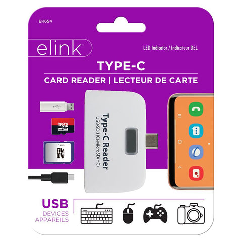 Elink - Adaptateur USB Type-C Vers USB-A et Lecteur de Carte SD et Micro SD, Blanc