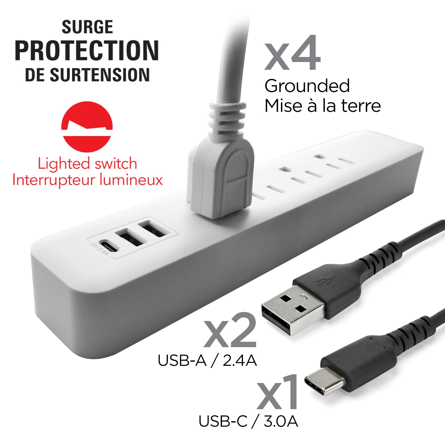 Elink Barre d'alimentation 4 prises avec USB-C et USB-A, protection 450 joules, cordon 2 pi, blanche - Simple Boutique