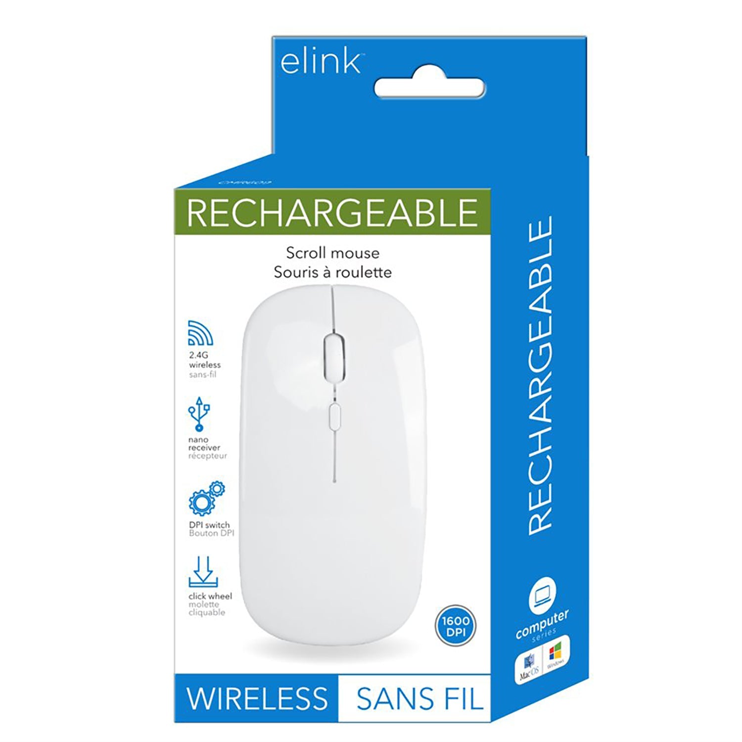 Elink CMR609 - Souris à Roulette Sans-Fil Rechargeable, 1600DPI, 2.4Ghz, Blanc - Simple Boutique