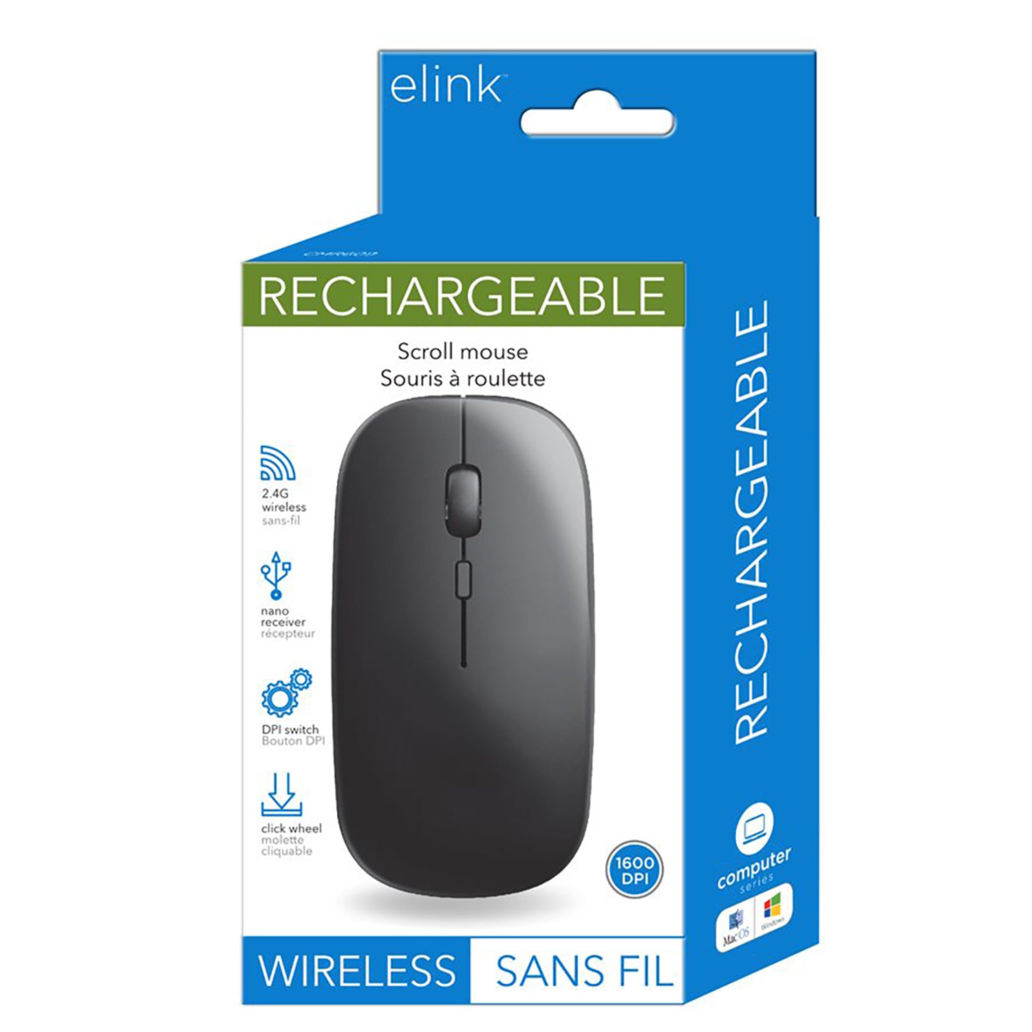 Elink CMR609 - Souris à Roulette Sans-Fil Rechargeable, 1600DPI, 2.4Ghz, Noir - Simple Boutique