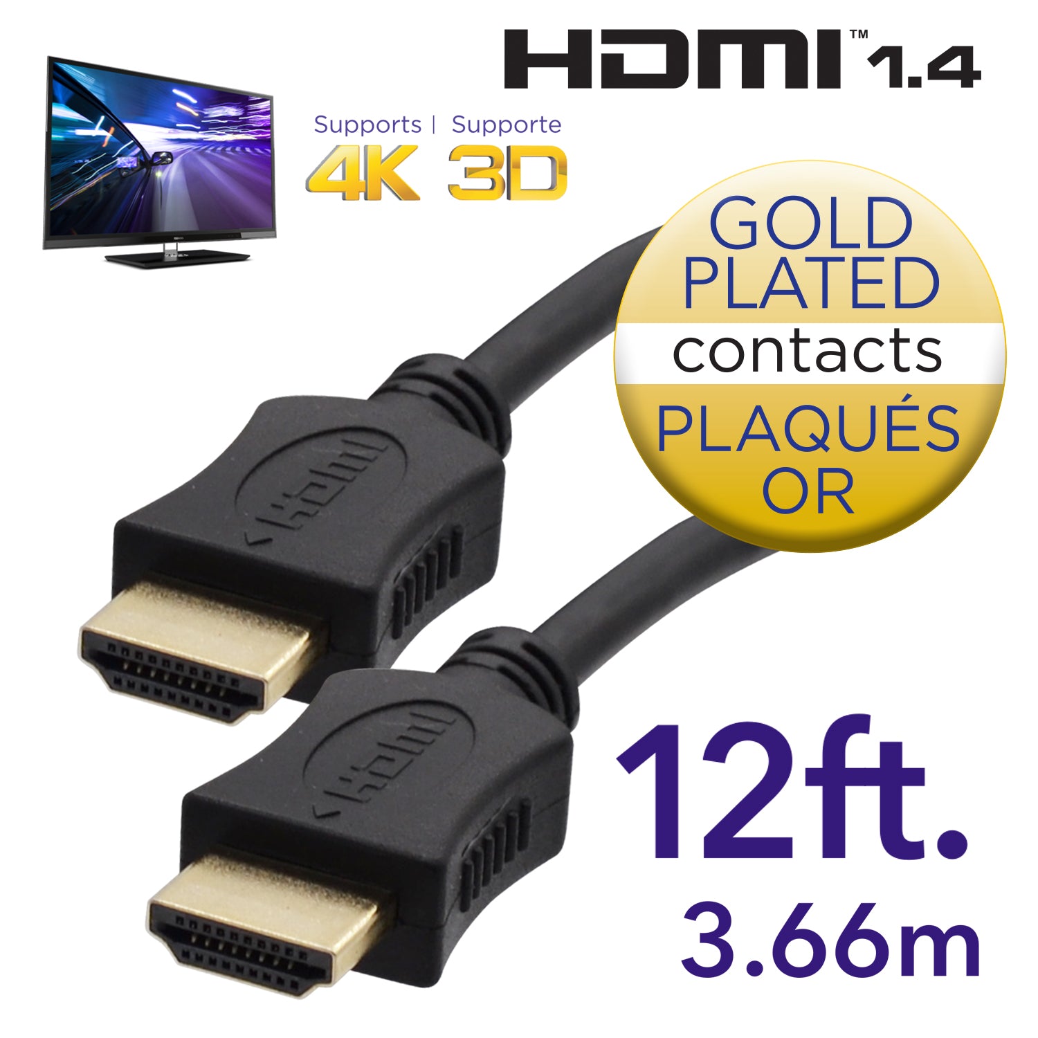 Elink Câble HDMI 12 pi 4K et 3D, Contacts Plaqués Or, Noir - Simple Boutique