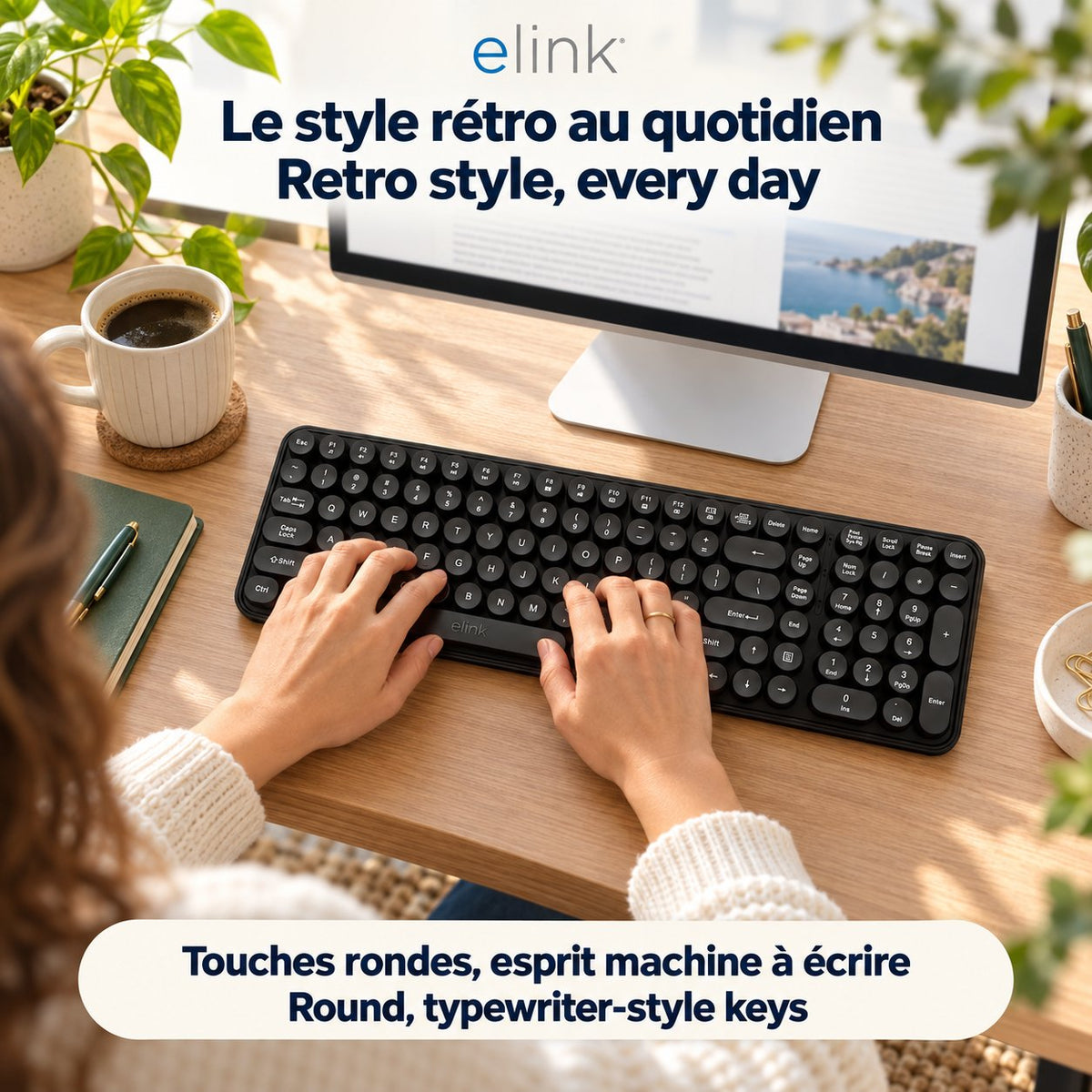 Elink Clavier Sans Fil Rétro Style Machine à Écrire 2,4 GHz, Pleine Taille 105 Touches, Noir - Simple Boutique