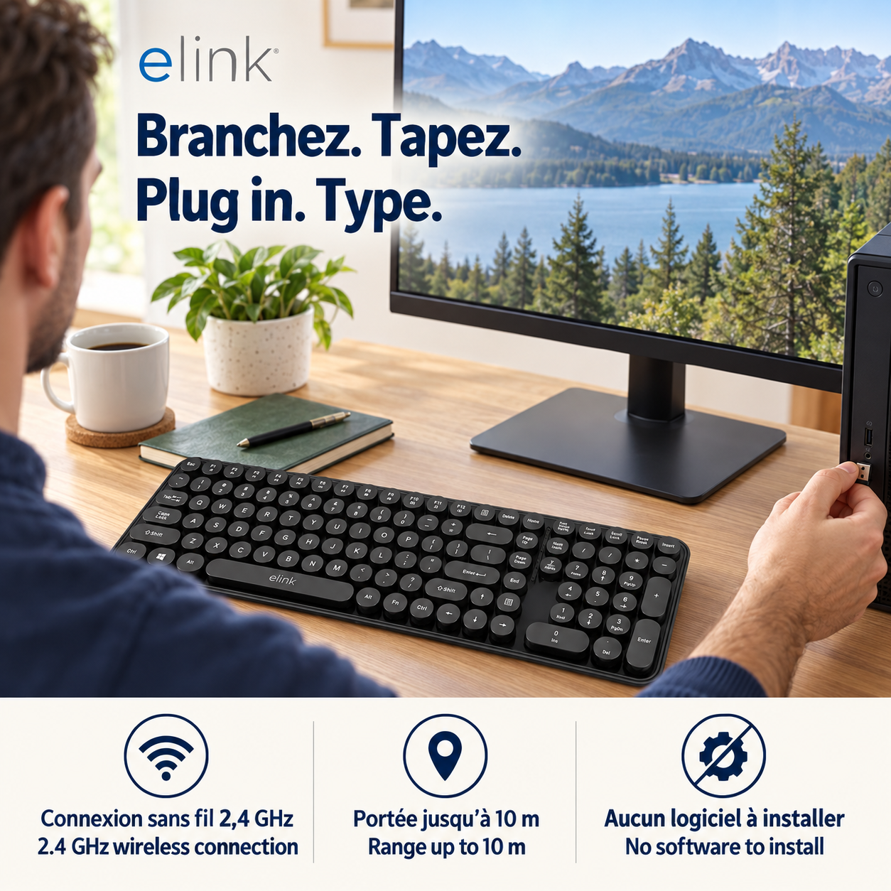Elink Clavier Sans Fil Rétro Style Machine à Écrire 2,4 GHz, Pleine Taille 105 Touches, Noir - Simple Boutique