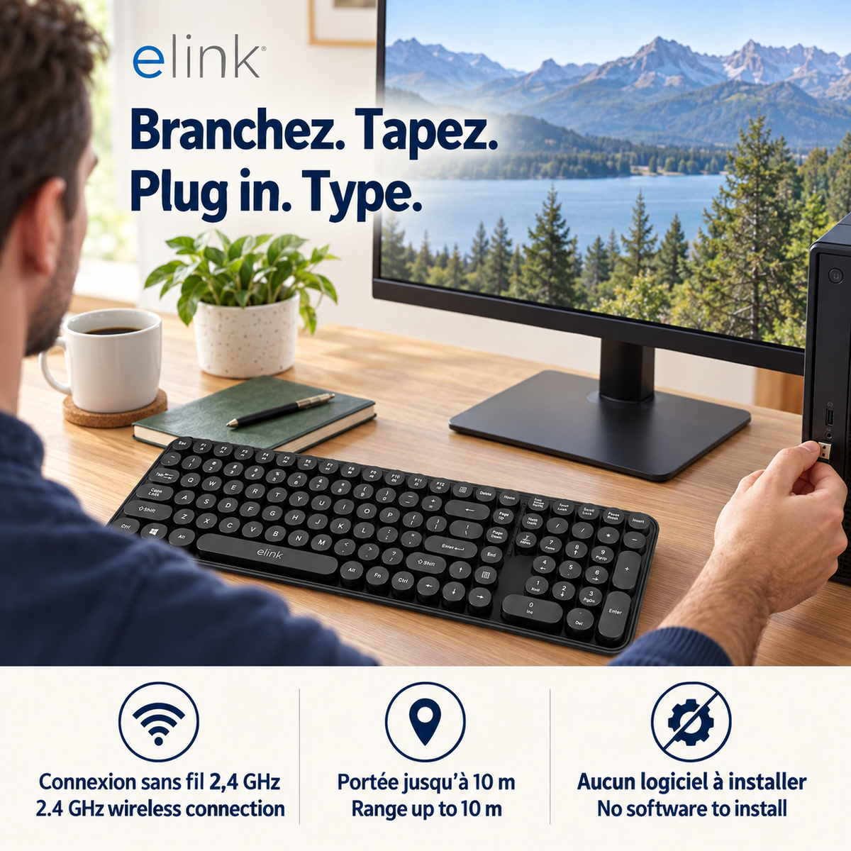 Elink Clavier Sans Fil Rétro Style Machine à Écrire 2,4 GHz, Pleine Taille 105 Touches, Noir - Simple Boutique