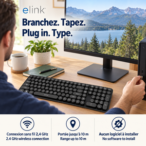 Elink Clavier Sans Fil Rétro Style Machine à Écrire 2,4 GHz, Pleine Taille 105 Touches, Noir - Simple Boutique