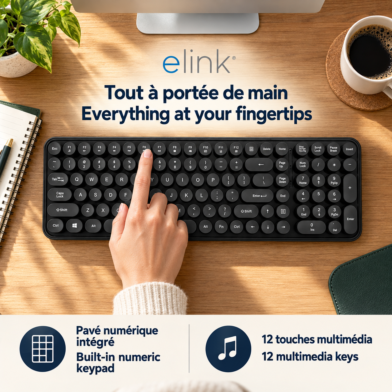Elink Clavier Sans Fil Rétro Style Machine à Écrire 2,4 GHz, Pleine Taille 105 Touches, Noir - Simple Boutique