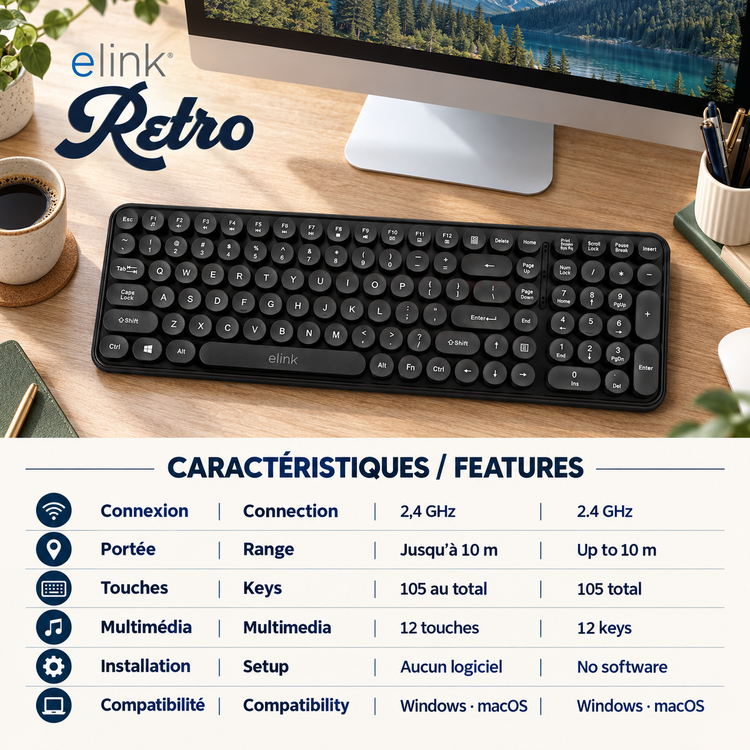 Elink Clavier Sans Fil Rétro Style Machine à Écrire 2,4 GHz, Pleine Taille 105 Touches, Noir - Simple Boutique