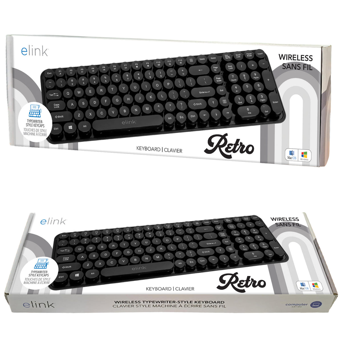 Elink Clavier Sans Fil Rétro Style Machine à Écrire 2,4 GHz, Pleine Taille 105 Touches, Noir - Simple Boutique
