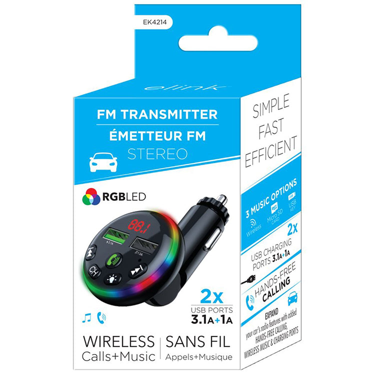 Elink - Émetteur FM pour Voiture avec 2 Ports USB et Éclairage RGB, Noir - Simple Boutique