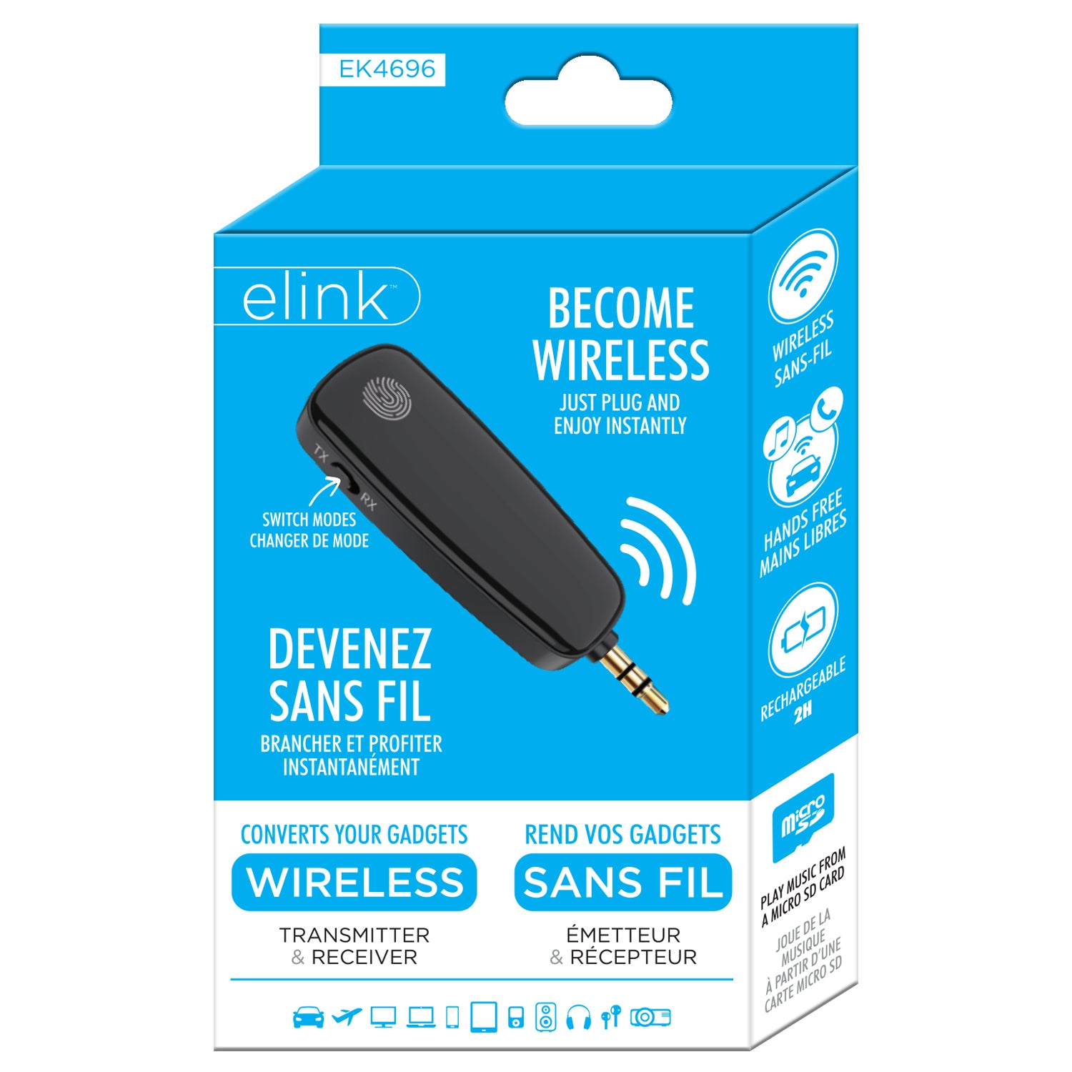 Elink Émetteur et Récepteur Audio Sans Fil Rechargeable, Adaptateur AUX 3,5 mm Mains Libres, Noir - Simple Boutique
