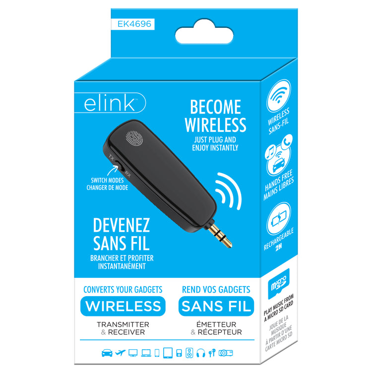 Elink Émetteur et Récepteur Audio Sans Fil Rechargeable, Adaptateur AUX 3,5 mm Mains Libres, Noir - Simple Boutique