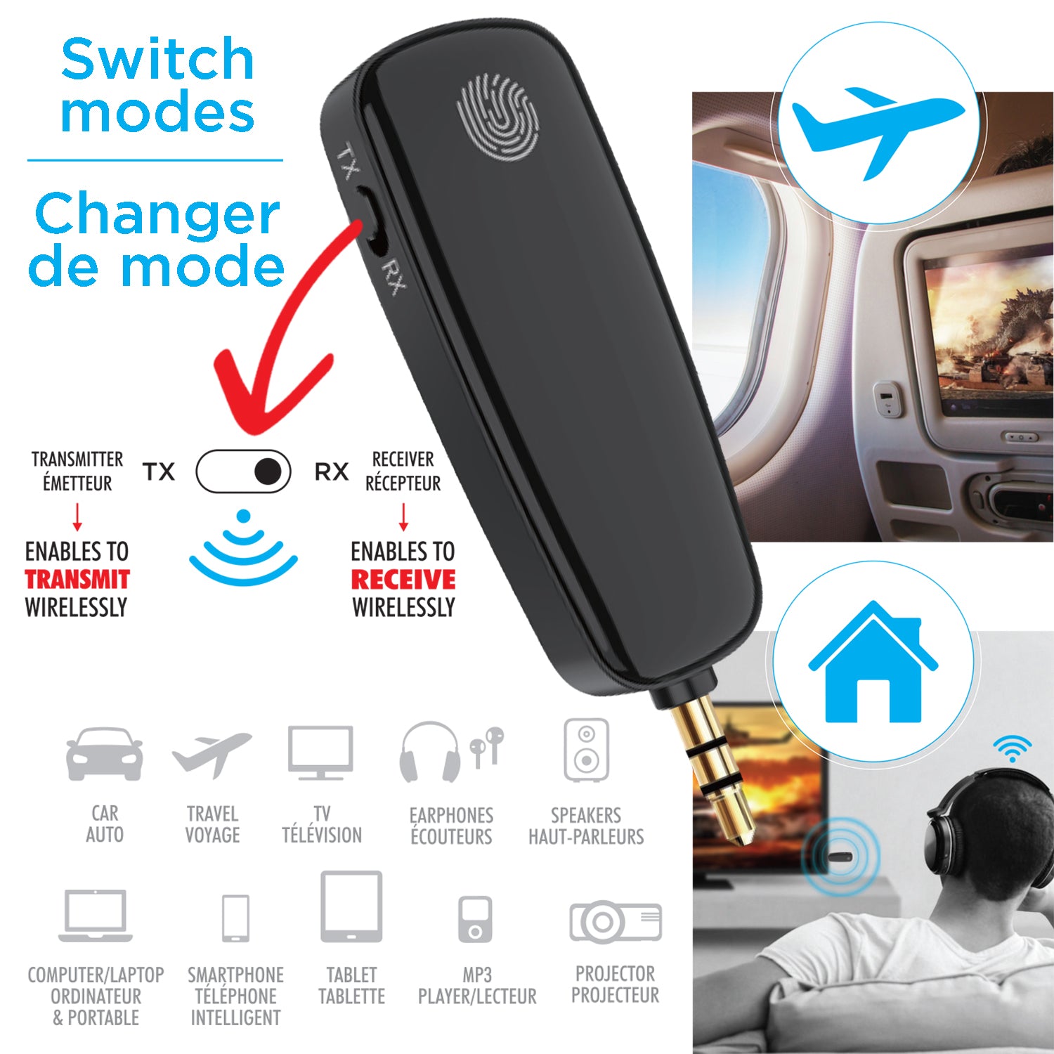 Elink Émetteur et Récepteur Audio Sans Fil Rechargeable, Adaptateur AUX 3,5 mm Mains Libres, Noir - Simple Boutique