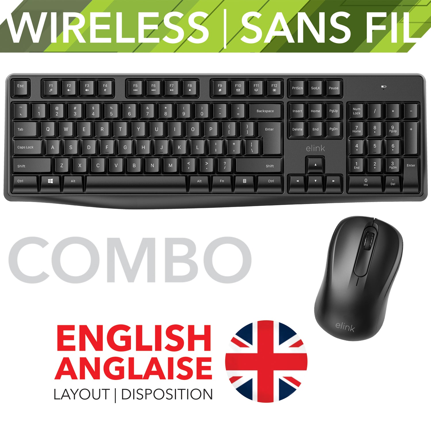 Elink - Ensemble Clavier Anglais et Souris Sans-Fil, 104 Touches, Noir - KB801 - Simple Boutique