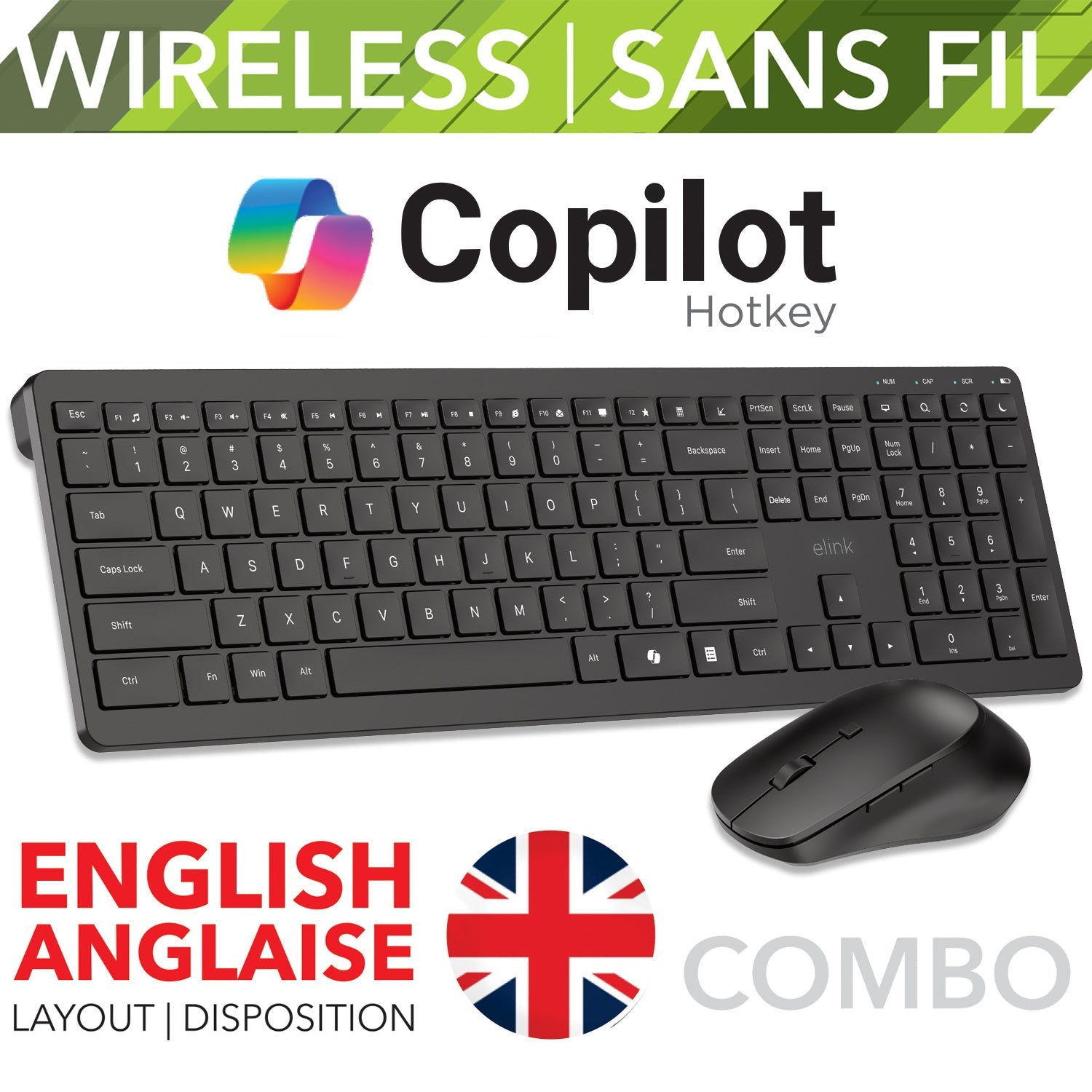 Elink - Ensemble Clavier Anglais et Souris Sans-Fil, Touche pour Copilot, Noir - Simple Boutique