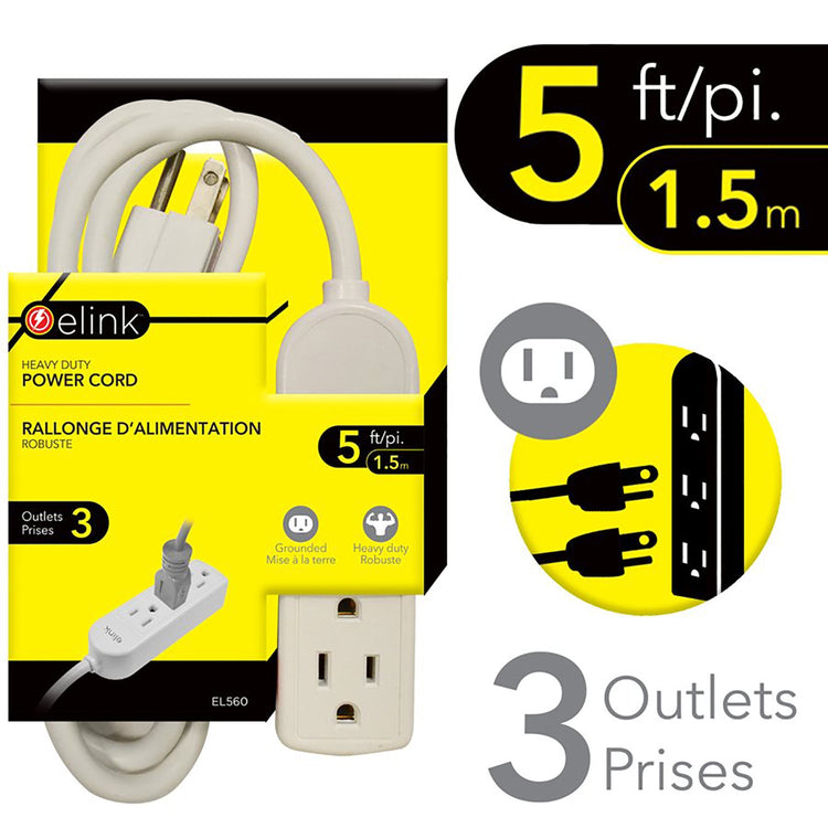 Elink - Ensemble de 2 Barres d'alimentation à 3 Prises, Robuste, Longeur de 5 Pieds, Blanc - Simple Boutique