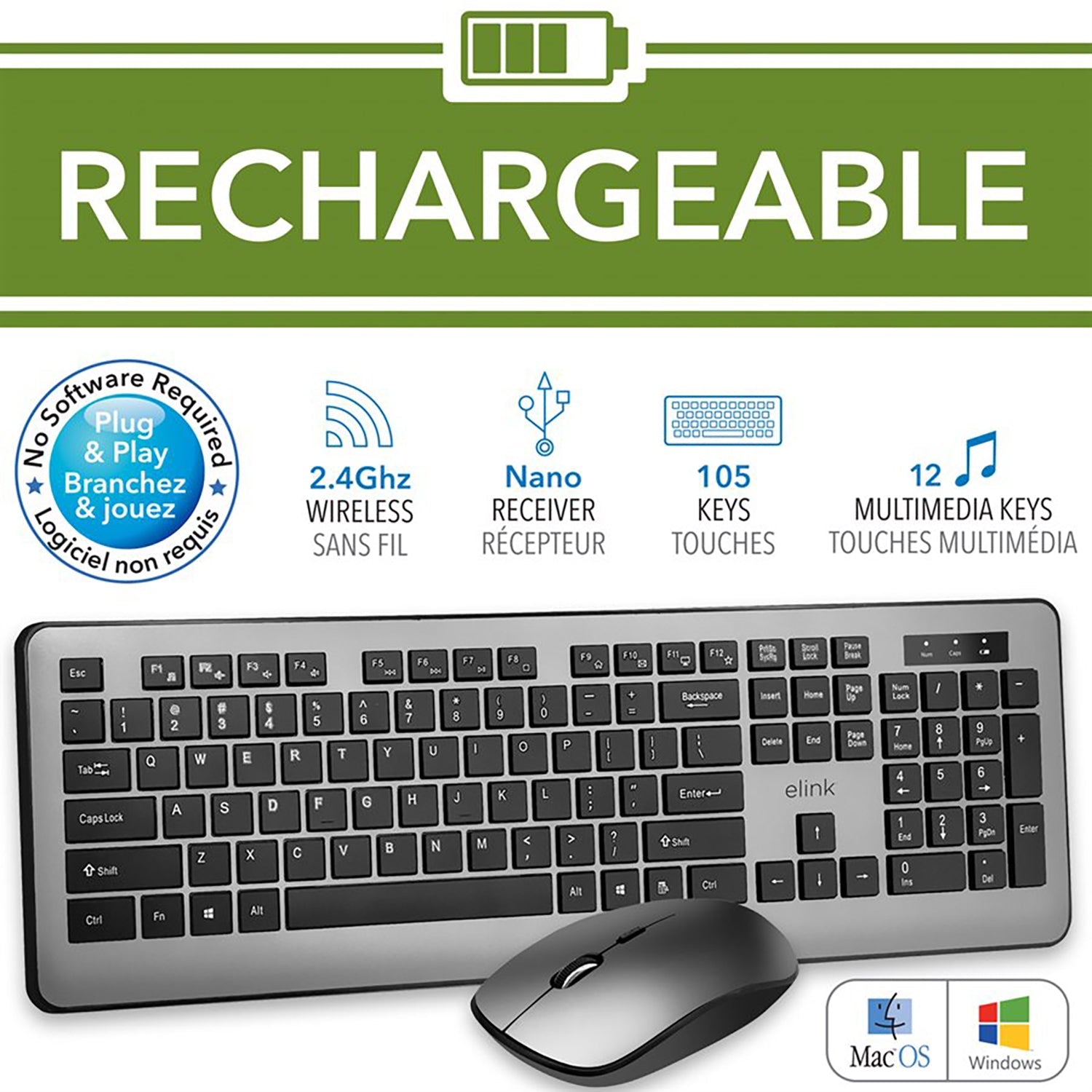 Elink KBR623 - Ensemble Clavier et Souris Sans-Fil, Rechargeable, 2.4GHz, Noir - Simple Boutique