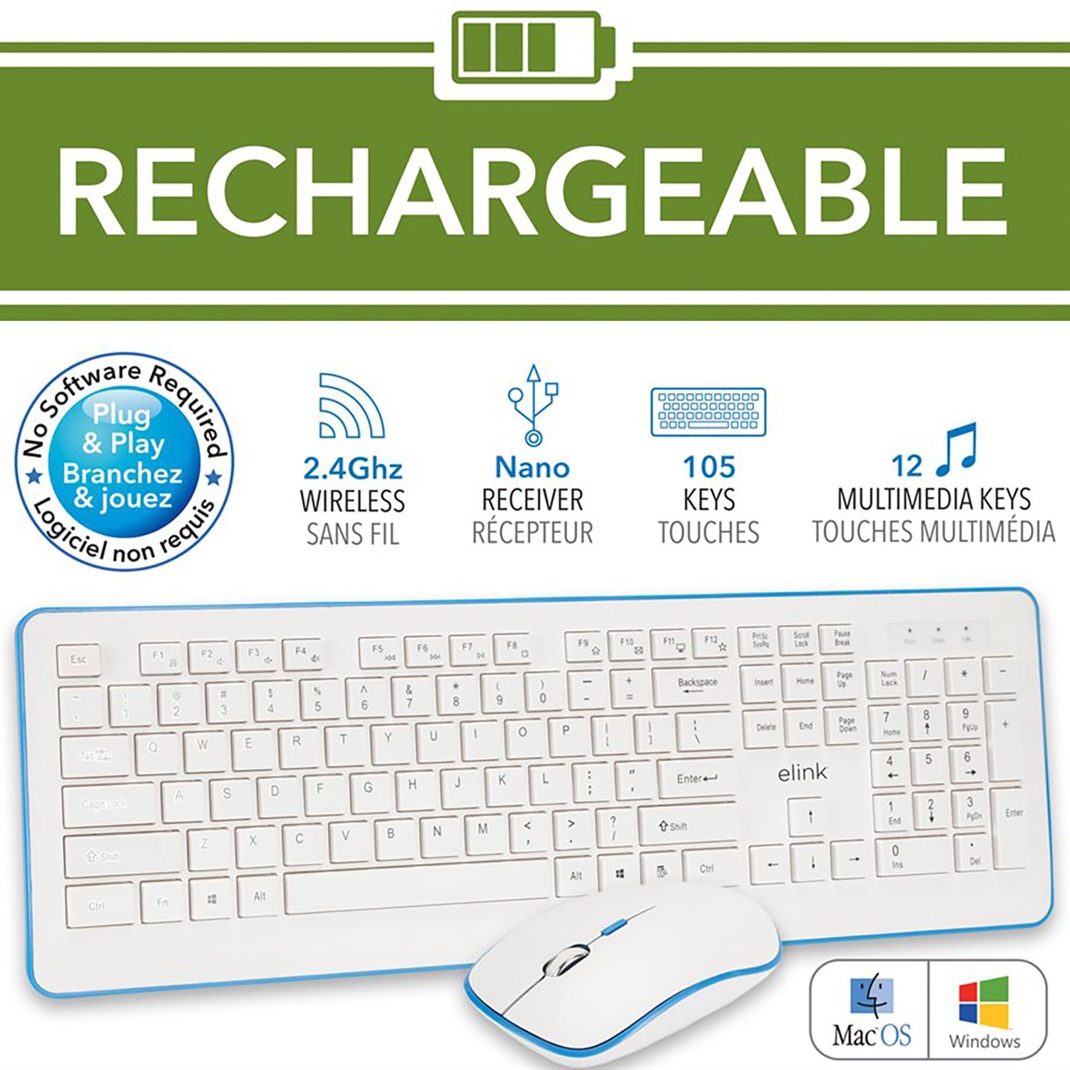 Elink KBR630 - Ensemble Clavier et Souris Sans-Fil, Rechargeable, 2.4GHz, Blanc - Simple Boutique