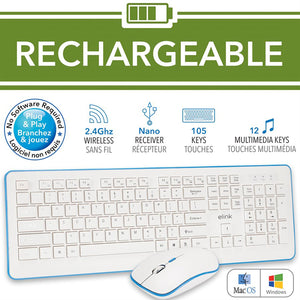 Elink KBR630 - Ensemble Clavier et Souris Sans-Fil, Rechargeable, 2.4GHz, Blanc - Simple Boutique