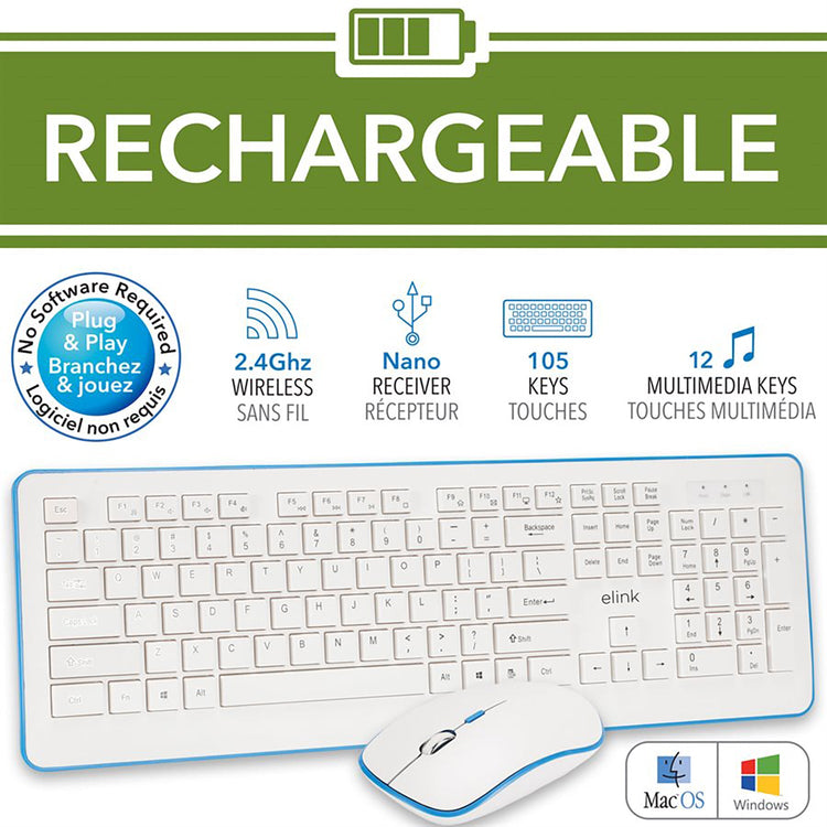 Elink KBR630 - Ensemble Clavier et Souris Sans-Fil, Rechargeable, 2.4GHz, Blanc - Simple Boutique